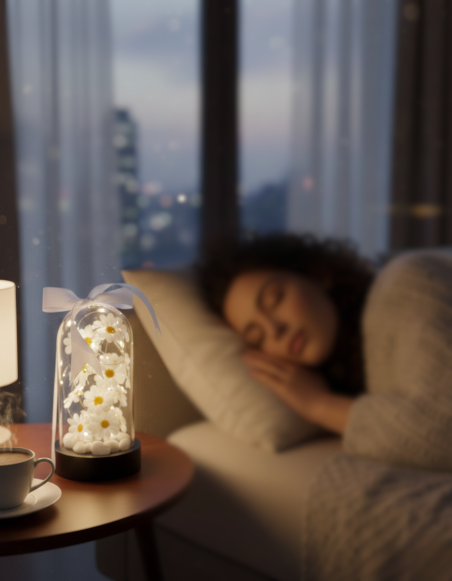 Işıklı Papatya Tasarımlı Cam Fanus - Gece Lambası