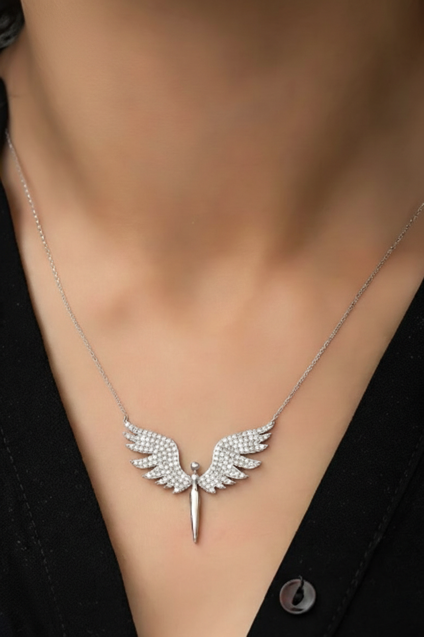 3D Işıklı Kristal Cam Küre Gece Lambası & Melek Kanadı Kolye Hediye Seti