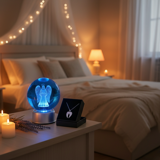 3D Işıklı Kristal Cam Küre Gece Lambası & Melek Kanadı Kolye Hediye Seti