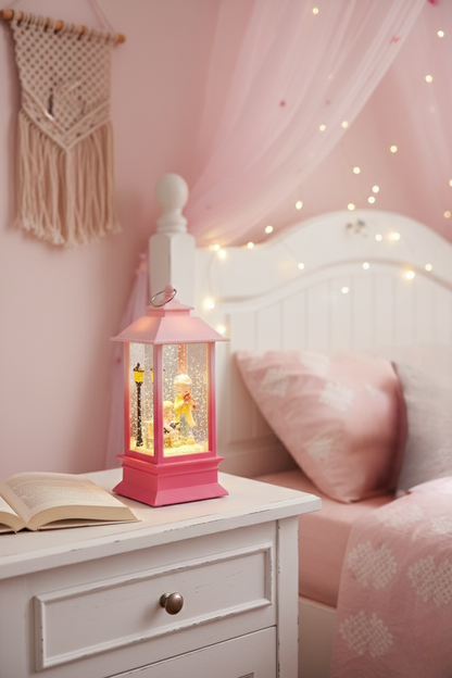 Nostaljik Pembe Fener Tasarımlı Işıklı Kar Küresi - Dekoratif Gece Lambası