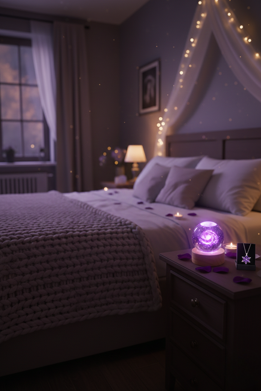 3D Galaksi Işıklı Cam Küre Gece Lambası & Kristal Taşlı Kar Tanesi Kolye Hediye Seti