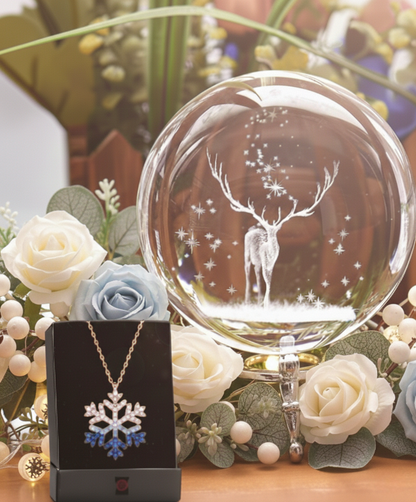 3D Işıklı Galaksi Cam Küre Gece Lambası & Kristal Kar Tanesi Kolye Hediye Seti