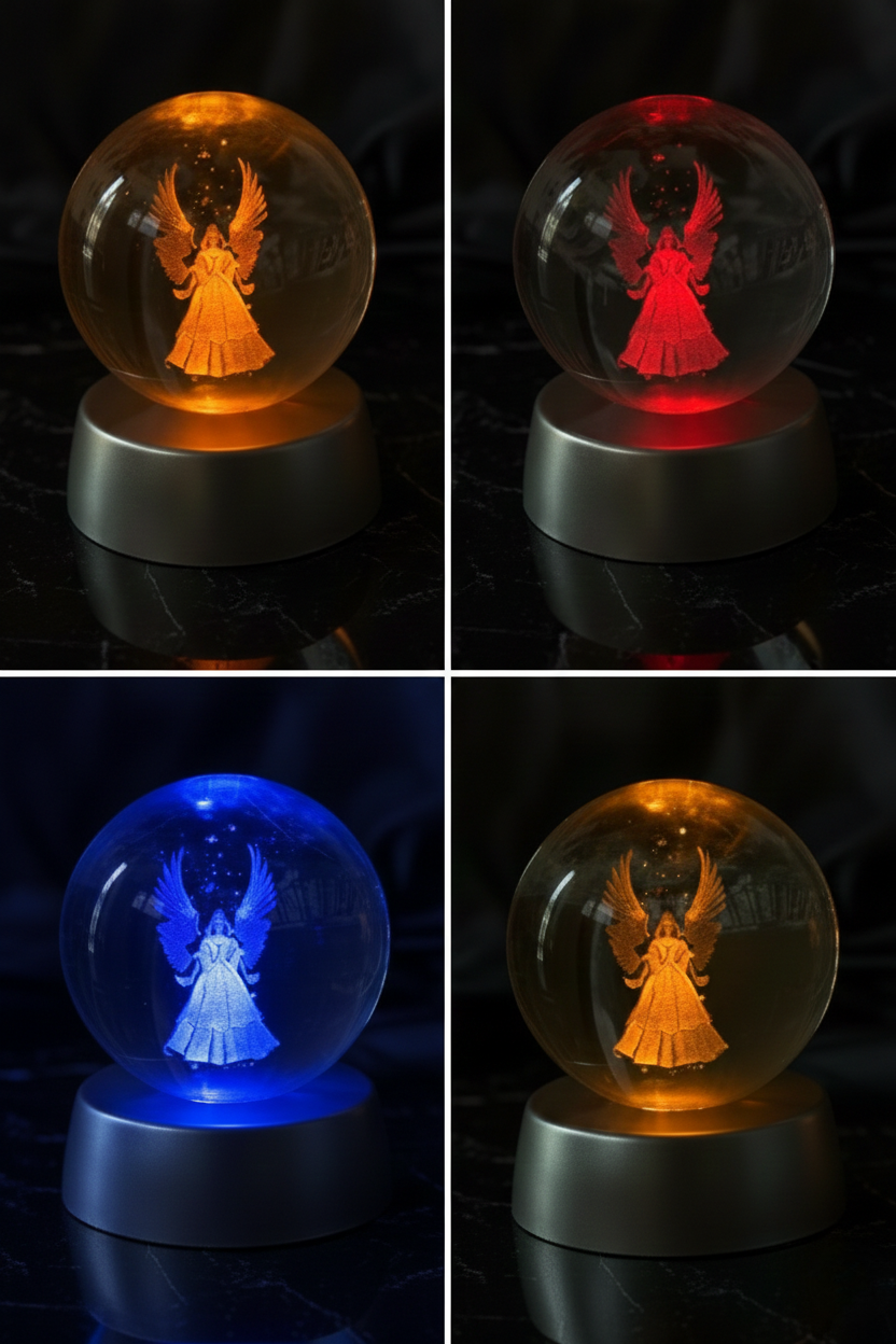 3D Işıklı Kristal Cam Küre Gece Lambası & Melek Kanadı Kolye Hediye Seti