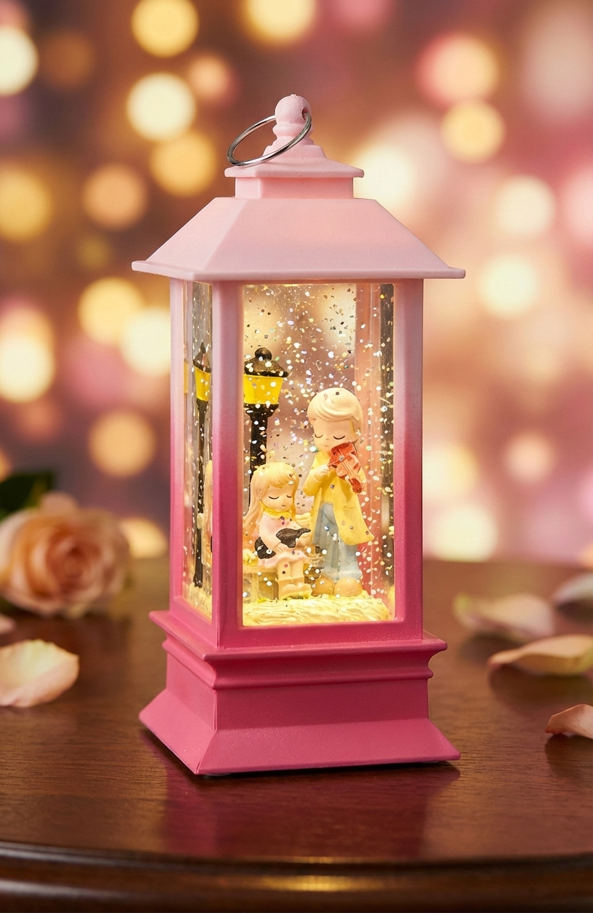 Nostaljik Pembe Fener Tasarımlı Işıklı Kar Küresi - Dekoratif Gece Lambası