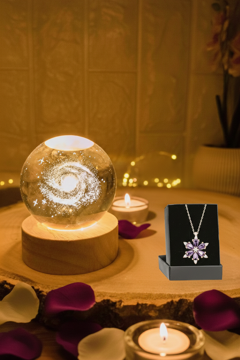 3D Galaksi Işıklı Cam Küre Gece Lambası & Kristal Taşlı Kar Tanesi Kolye Hediye Seti