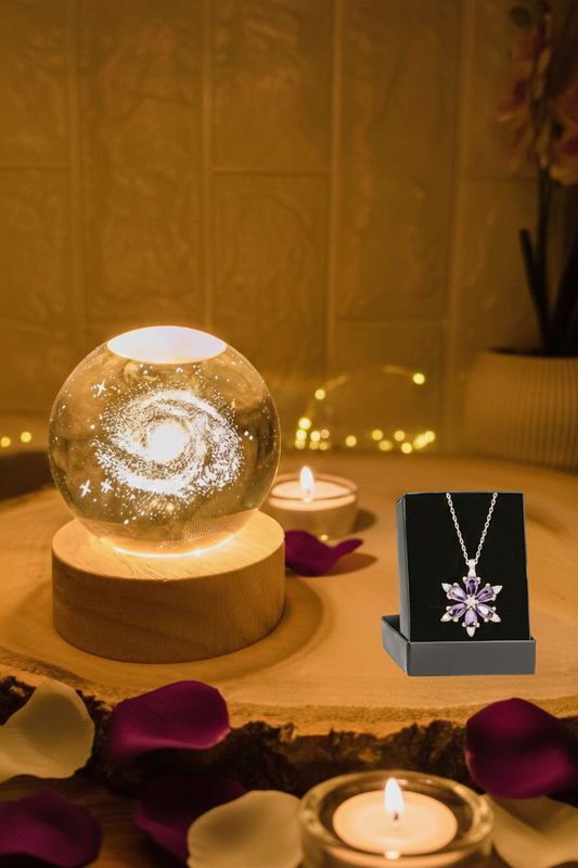 3D Galaksi Işıklı Cam Küre Gece Lambası & Kristal Taşlı Kar Tanesi Kolye Hediye Seti