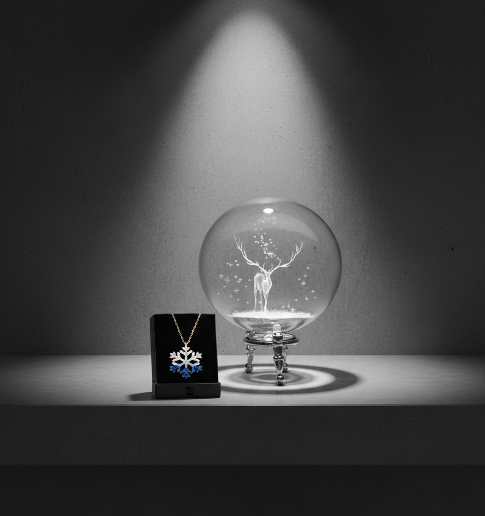 3D Işıklı Galaksi Cam Küre Gece Lambası & Kristal Kar Tanesi Kolye Hediye Seti