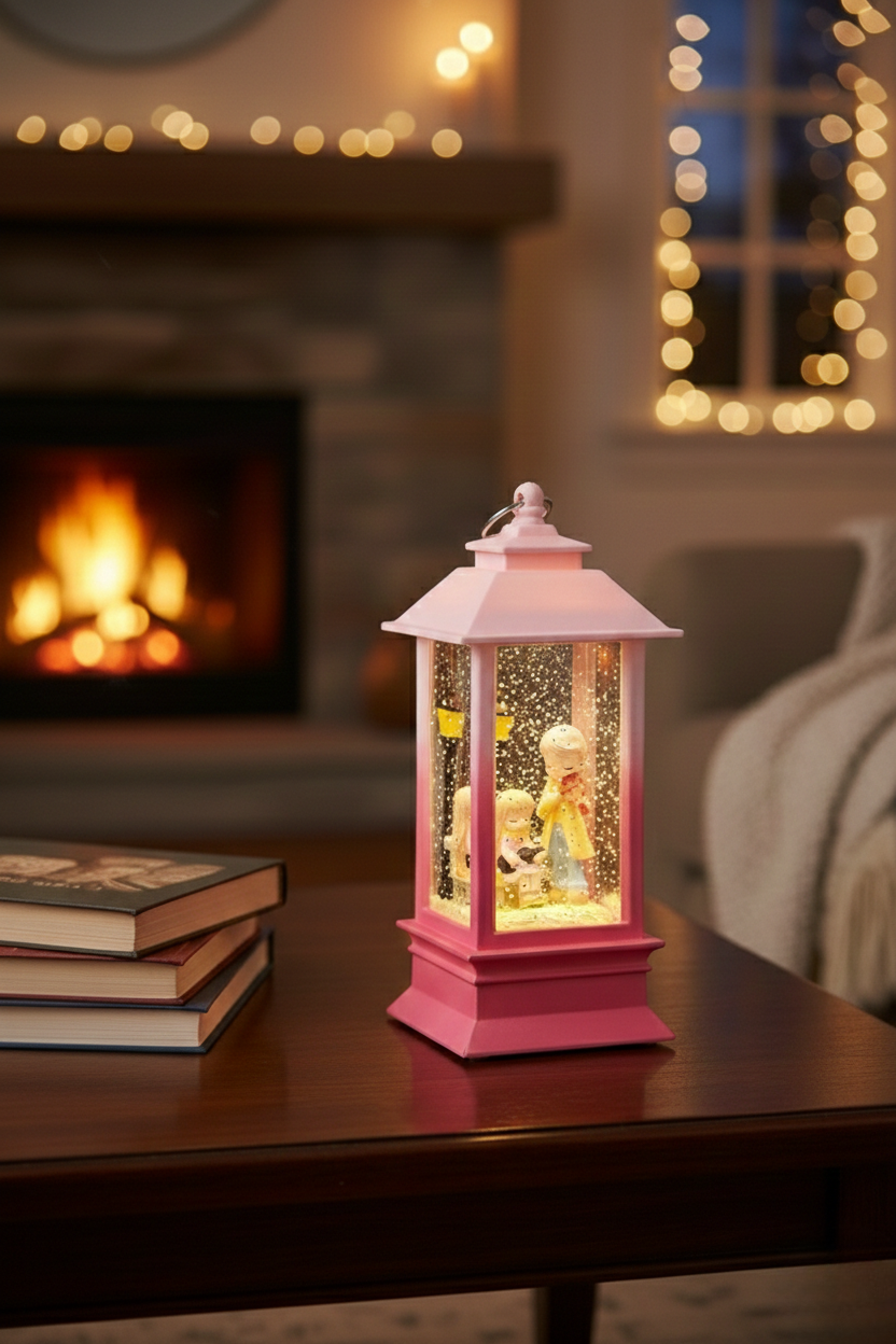 Nostaljik Pembe Fener Tasarımlı Işıklı Kar Küresi - Dekoratif Gece Lambası