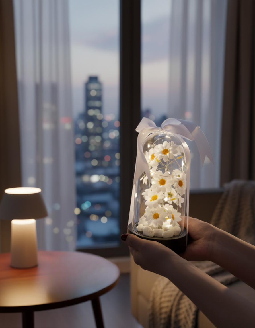 Işıklı Papatya Tasarımlı Cam Fanus - Gece Lambası