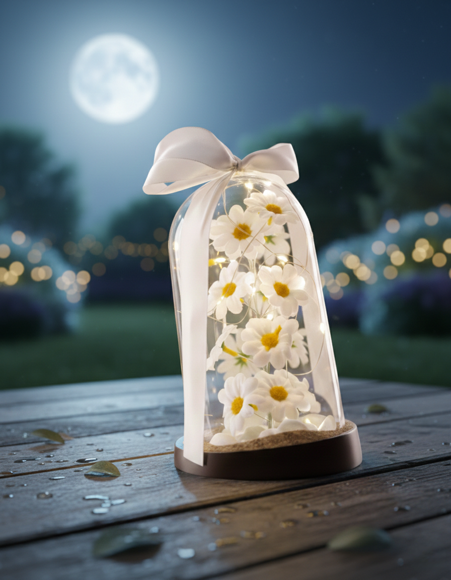 Işıklı Papatya Tasarımlı Cam Fanus - Gece Lambası