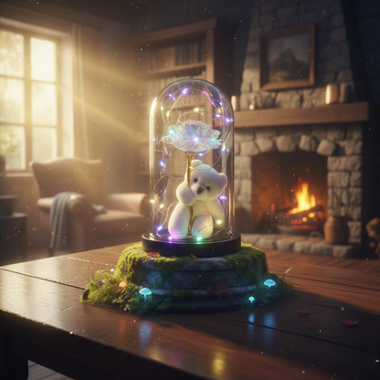 💖 BYfanus Özel Tasarım: Hiç Solmayan Renkli Gül ve Ayıcık Hediyelik Fanus