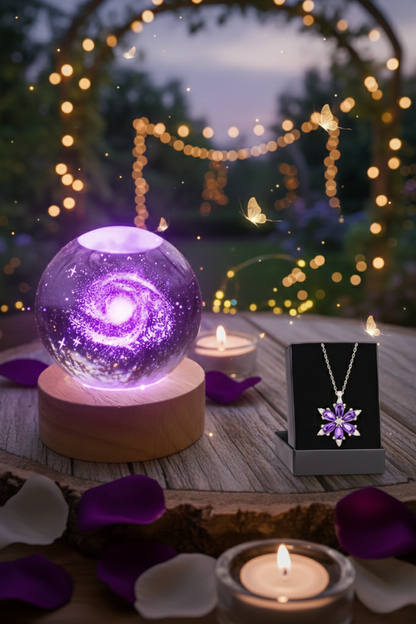 3D Galaksi Işıklı Cam Küre Gece Lambası & Kristal Taşlı Kar Tanesi Kolye Hediye Seti