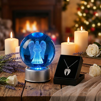 3D Işıklı Kristal Cam Küre Gece Lambası & Melek Kanadı Kolye Hediye Seti