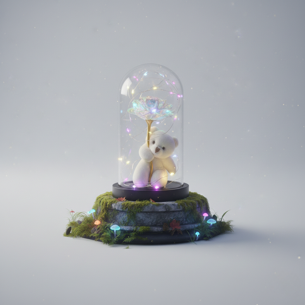 💖 BYfanus Özel Tasarım: Hiç Solmayan Renkli Gül ve Ayıcık Hediyelik Fanus