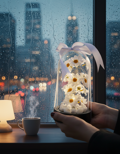 Işıklı Papatya Tasarımlı Cam Fanus - Gece Lambası