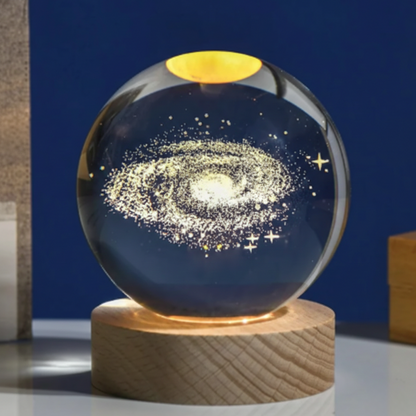 3D Galaksi Işıklı Cam Küre Gece Lambası & Kristal Taşlı Kar Tanesi Kolye Hediye Seti