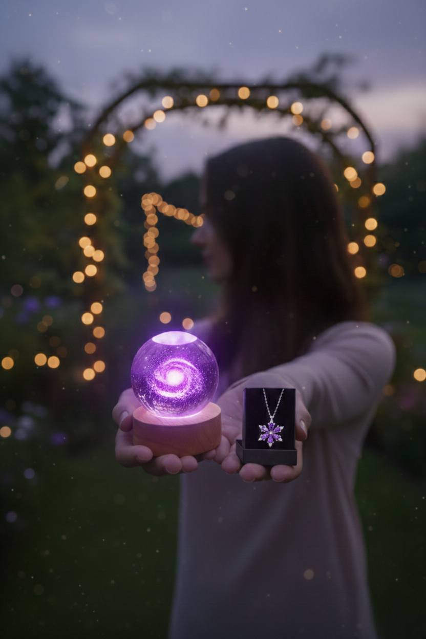 3D Galaksi Işıklı Cam Küre Gece Lambası & Kristal Taşlı Kar Tanesi Kolye Hediye Seti